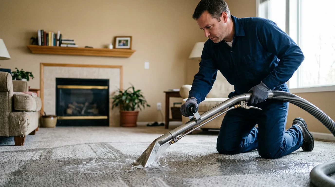 Water damage restoration technician working near Aurora, KS